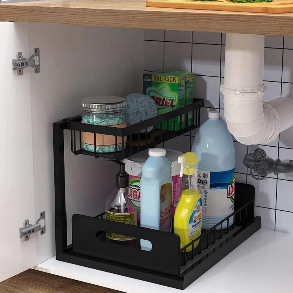 Under Sink Organizer 2-Pack Slide Out Drawer 2 Tier Storage Black Under Cabin...