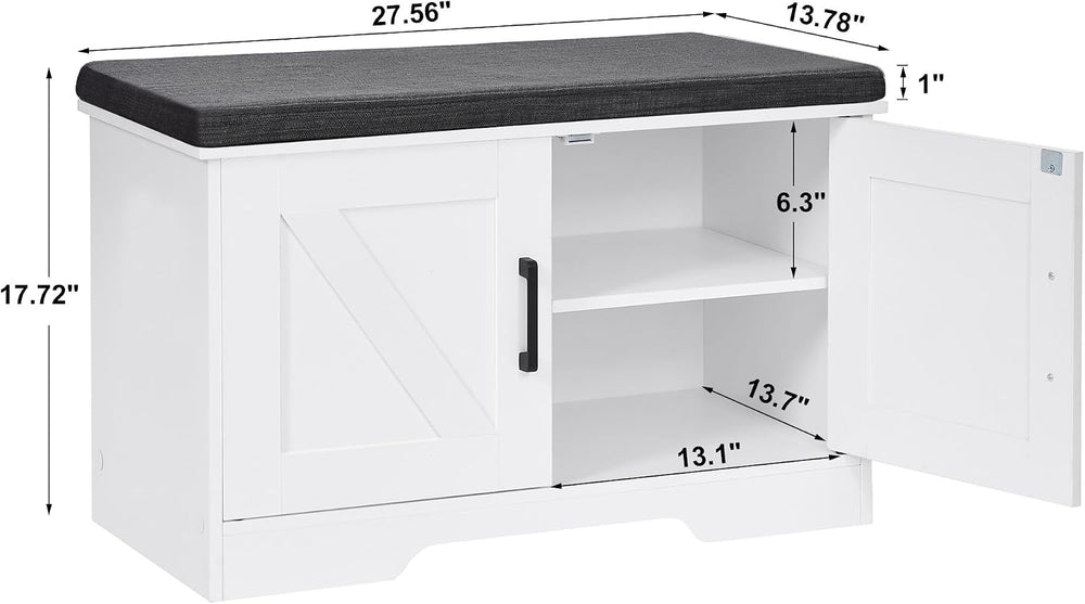 HOMSHO Farmhouse Shoe Storage Bench with 2 Barn Doors & Padded Seat Cushion