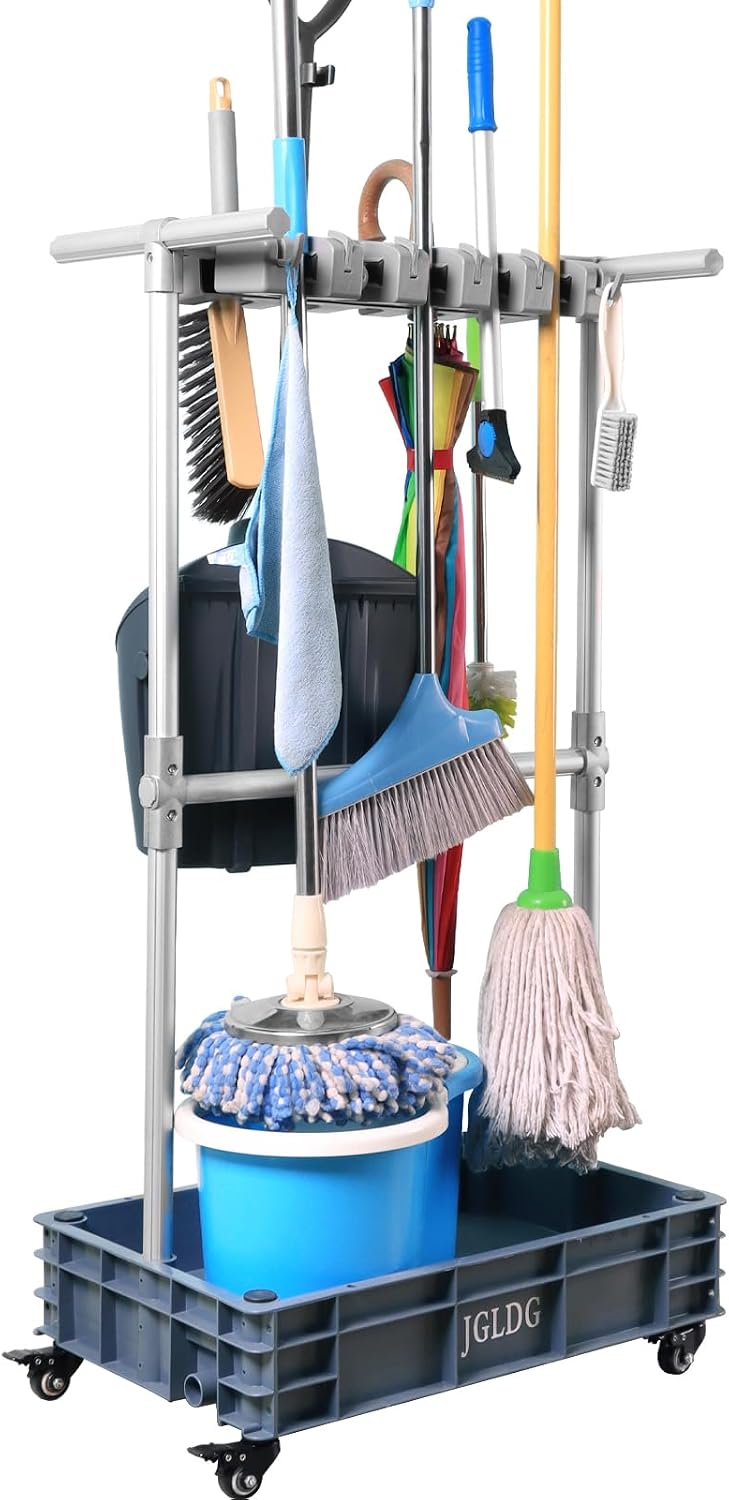 Mobile Mop and Broom Holder，Efficient Storage Solution for Cleaning Tools Kee...