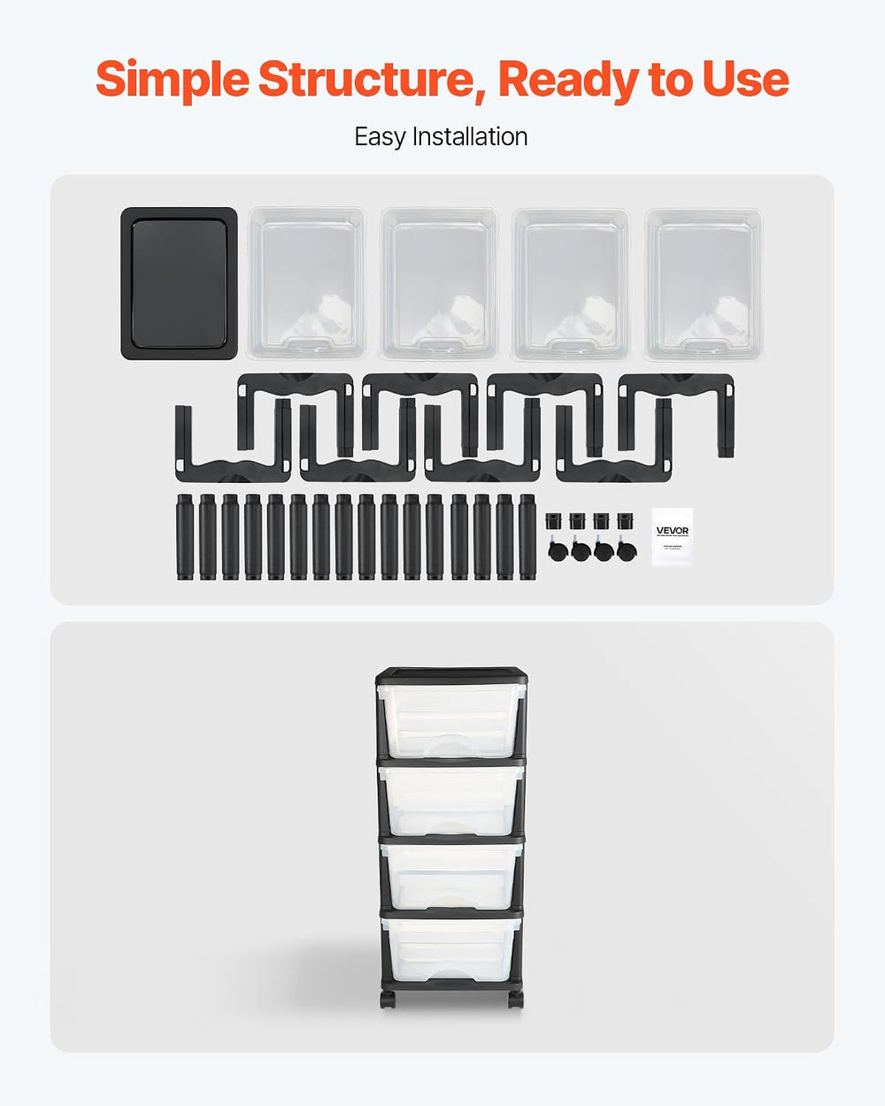 VEVOR Plastic Storage Drawers Cart, 4 Drawers Storage Organizer with Wheels, ...