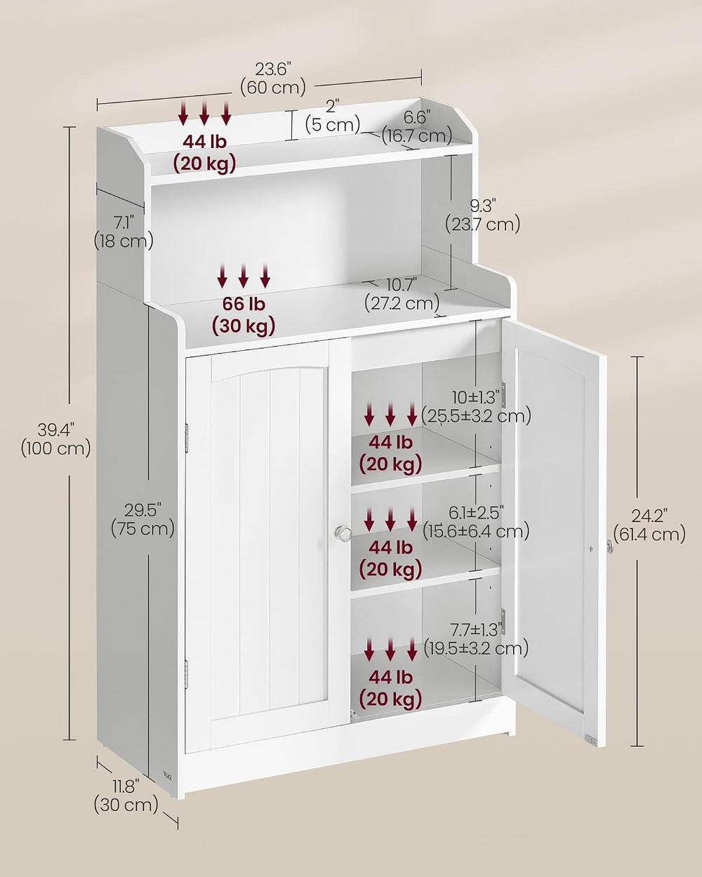 VASAGLE Tall Bathroom Storage Cabinet, Floor Cabinet with 2 Doors, 39.4" H