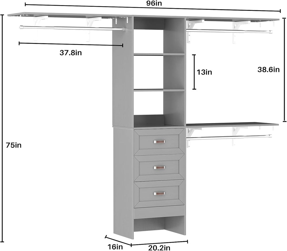 8FT Closet System with 3 Curved Drawers, 96'' Wooden Walk-in Closet O...