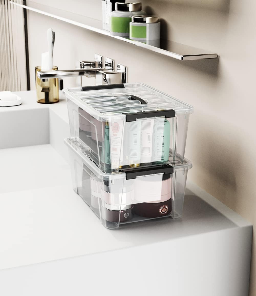 WYT 12 Pack Small 5-Quart Clear Plastic Storage Bins with Lids and Latch Buck...