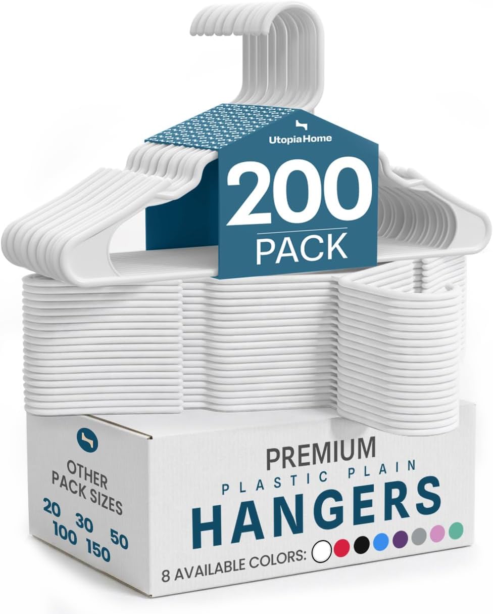 Utopia Home Plastic Hangers 200 Pack – Space Saving Clothes Hanger White