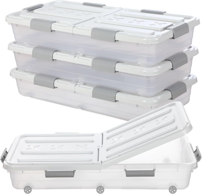 Beeveer 4 Pcs Plastic Under Bed Storage Container 31.5x15.8x5.2inch, White