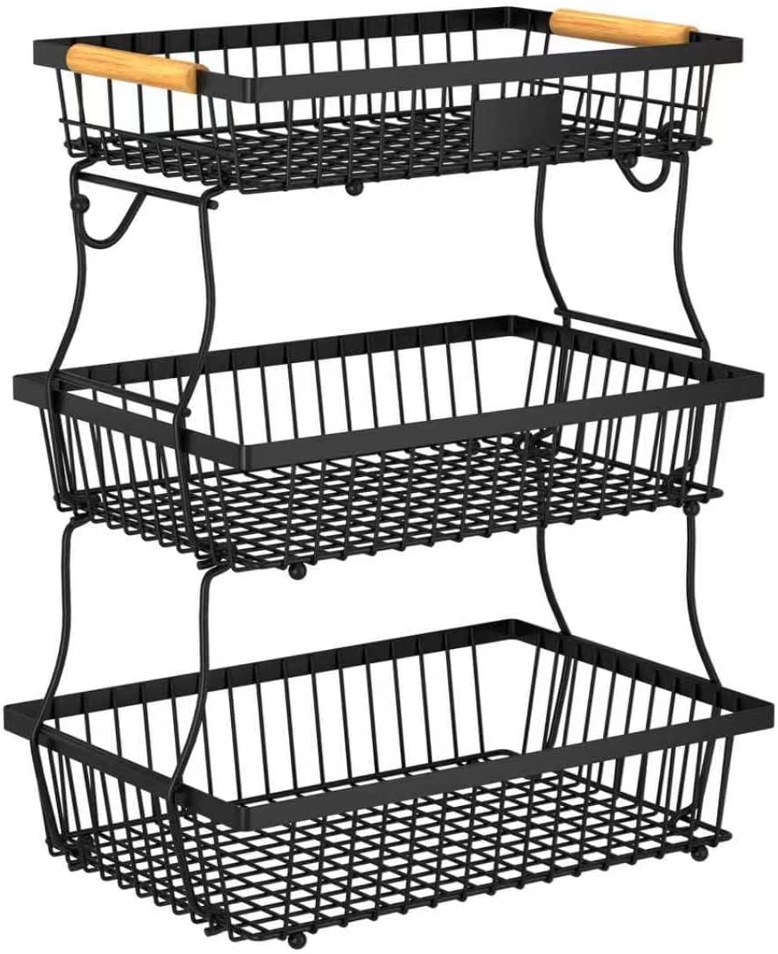 3 Tier Fruit Basket for Kitchen Counter with 2 Banana Hangers, Countertop Met...