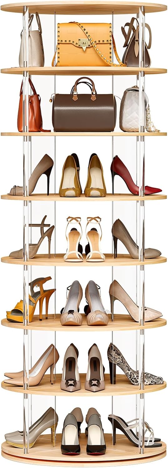TAKEKIT 7-Tier Rotating Shoe Rack, 360 Degree Spinning Shoe Rack Tower, Lazy Susan Storage Tower Made of Acrylic and Wood, Round Rotating Organizer Shelf for Closet, Entryway and Bedroom