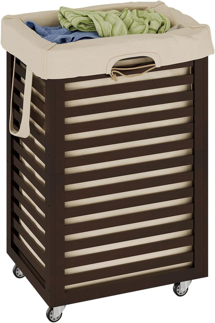 Bamboo Rolling Laundry Hamper 85L Clothes Storage Pin with Removable Liner