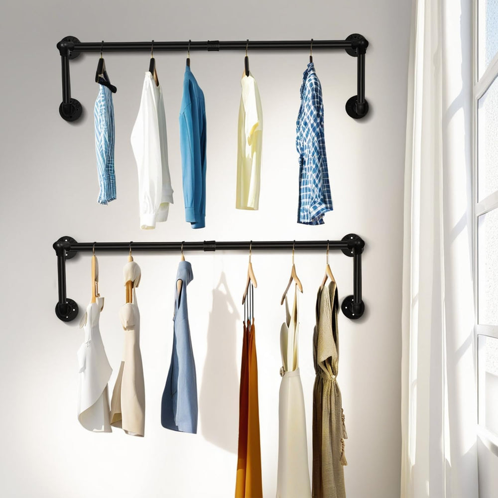Industrial Pipe Clothing Rack,Heavy Duty Wall Mounted Black Iron Garment Bar,...