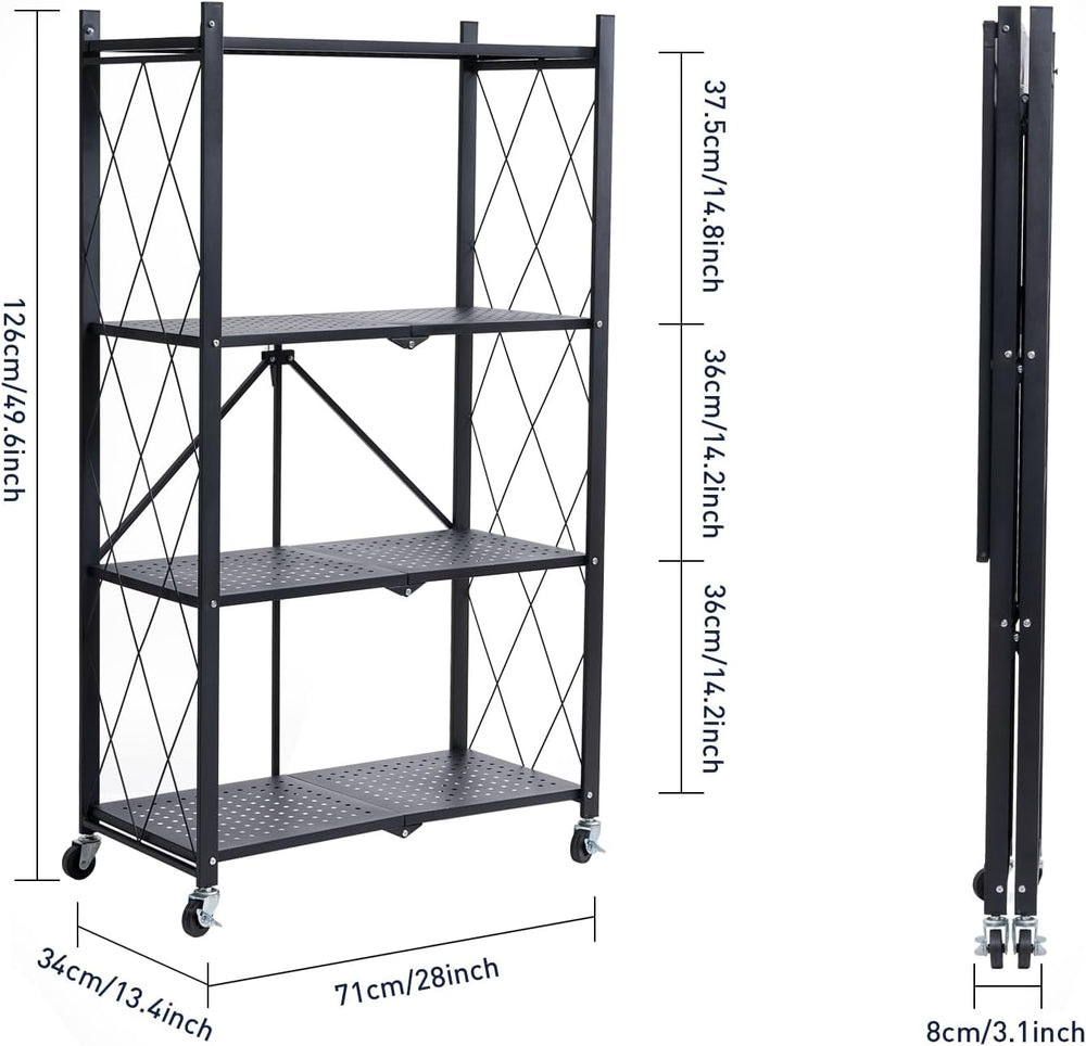 BRIAN & DANY 4-Tier Foldable Storage Shelves with Wheels, Folding Metal R...