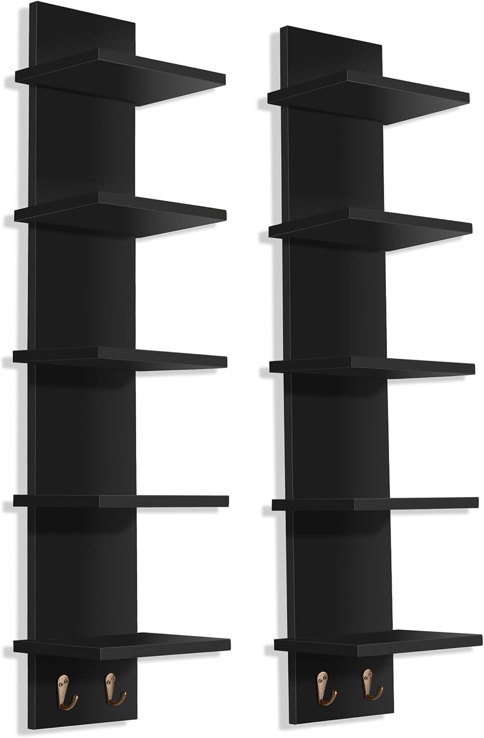 Sorbus 5-Tier Floating Wall Shelf with Hooks, 31 Inch (2 Pack, Black)