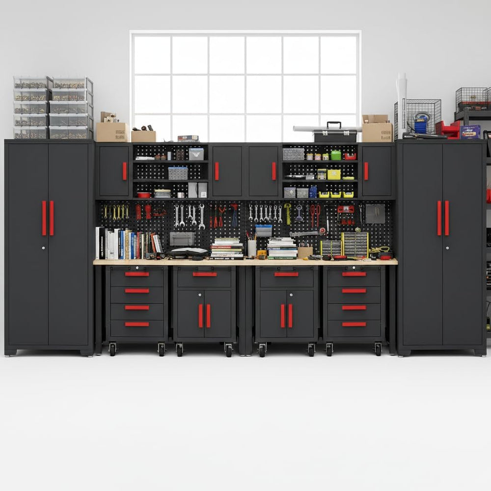 12-PC Heavy Duty Steel Garage Storage Cabinet System & Bench,Red