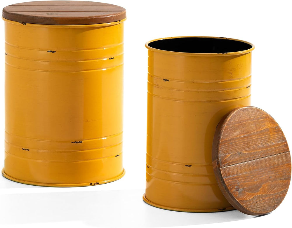 Glitzhome Rustic End Table Set of 2, Farmhouse Galvanized Metal Barrel Ottoma...