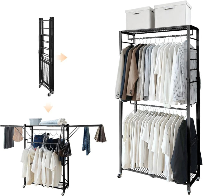 lumizone Folding Clothing Rack with Wheels Expandable Black