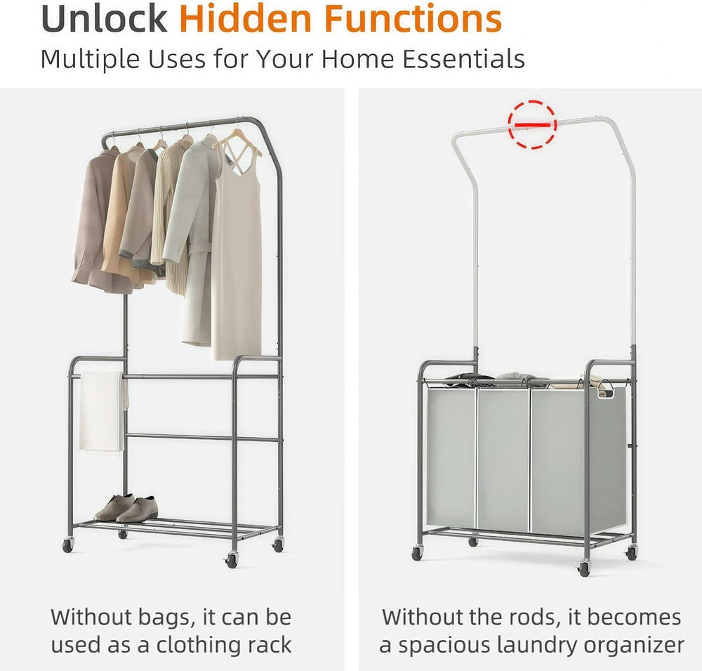 ROMOON Laundry Sorter Hamper with Hanging Bar, 3 Section Laundry Cart