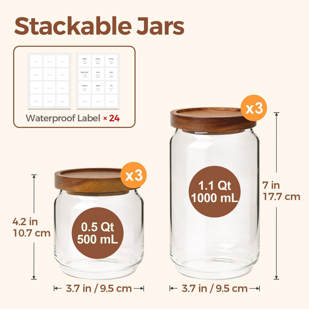 ComSaf Glass Pantry Storage Container with Acacia Wood Lids 1.1/0.5Qt 6Pack
