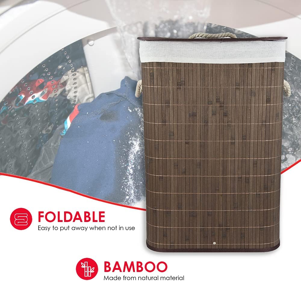 Home Basics Durable Foldable Bamboo Laundry Basket Hamper | Rectangular | Rem...