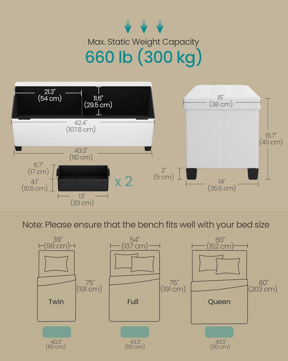 SONGMICS Storage Ottoman Bench with Legs, 43.3 Inches, 30 Gal. (112 L)