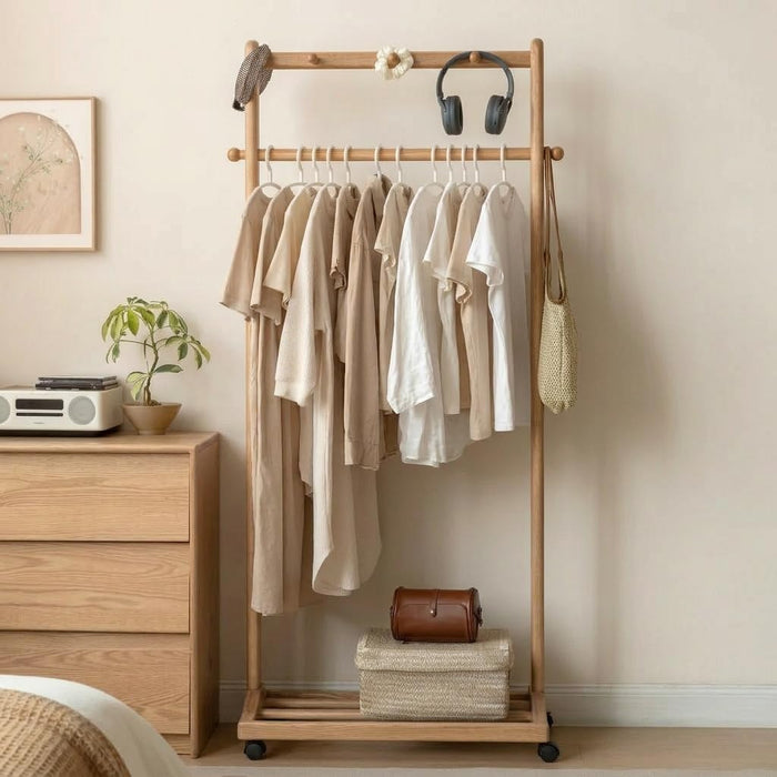 Solid Wood Clothes Rack, Rolling Garment Rack with Wheels & Shelves Storage & 5 Hooks Heavy Duty Clothing Rack,Clothing Racks for Hanging Clothes, Bedroom, Living Room, Entryway