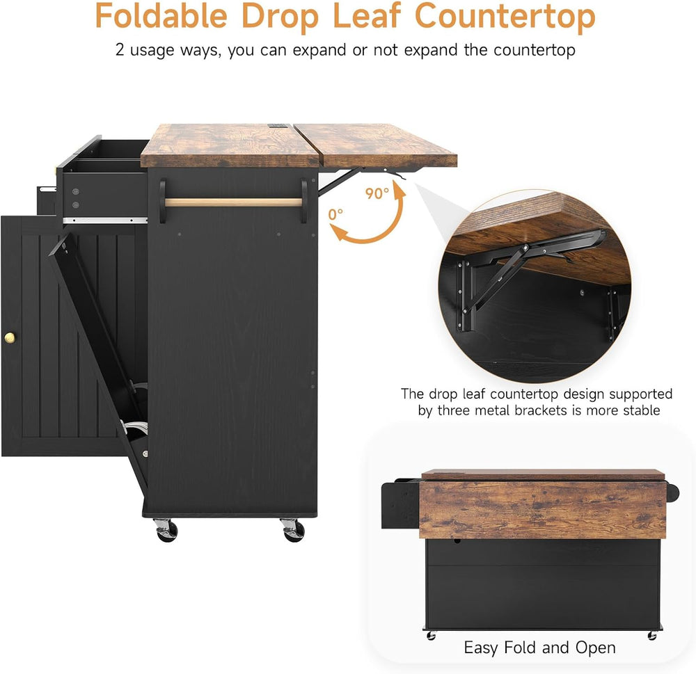 60" Kitchen Island with Drop Leaf & Trash Can Storage, Black