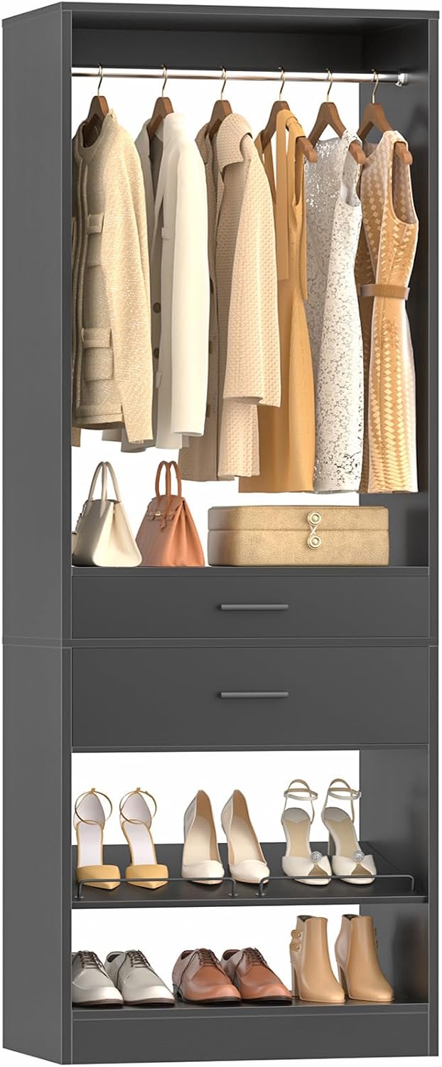 Unikito 25" W x 80" H Closet Organizer Storage with Hanging Rod and 2 Wooden Drawer, Adjustable Angled Shoes Rack, Sturdy Garment Racks, Walk-in Closet Tower for Bedroom, Mudroom, and Entryway, Black