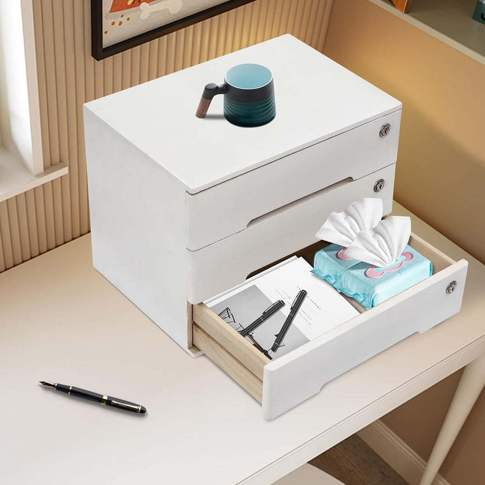 3 Drawers Wood Storage Box Wooden Storage Cabinet Organizer, Tabletop Storage...