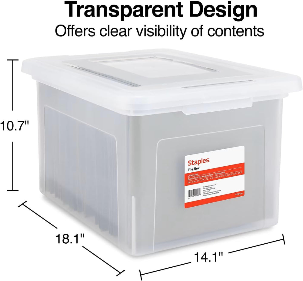 Staples Plastic File Box with Snap Lid, Letter/Legal Size, Clear, 4/Carton