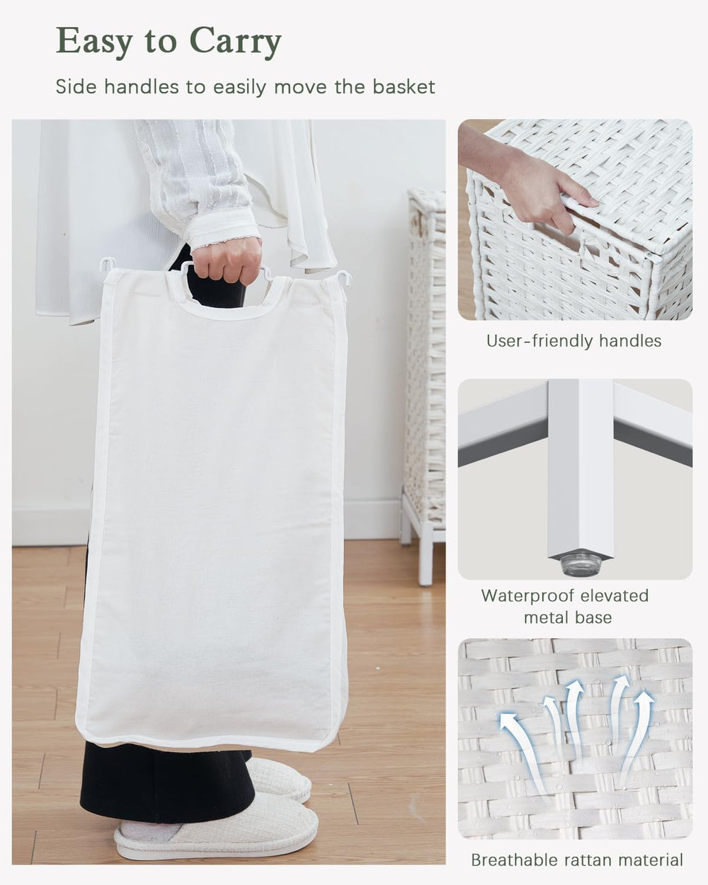 SETVSON Laundry Hamper with Lid, 112 L Handwoven Rattan, Cloud White