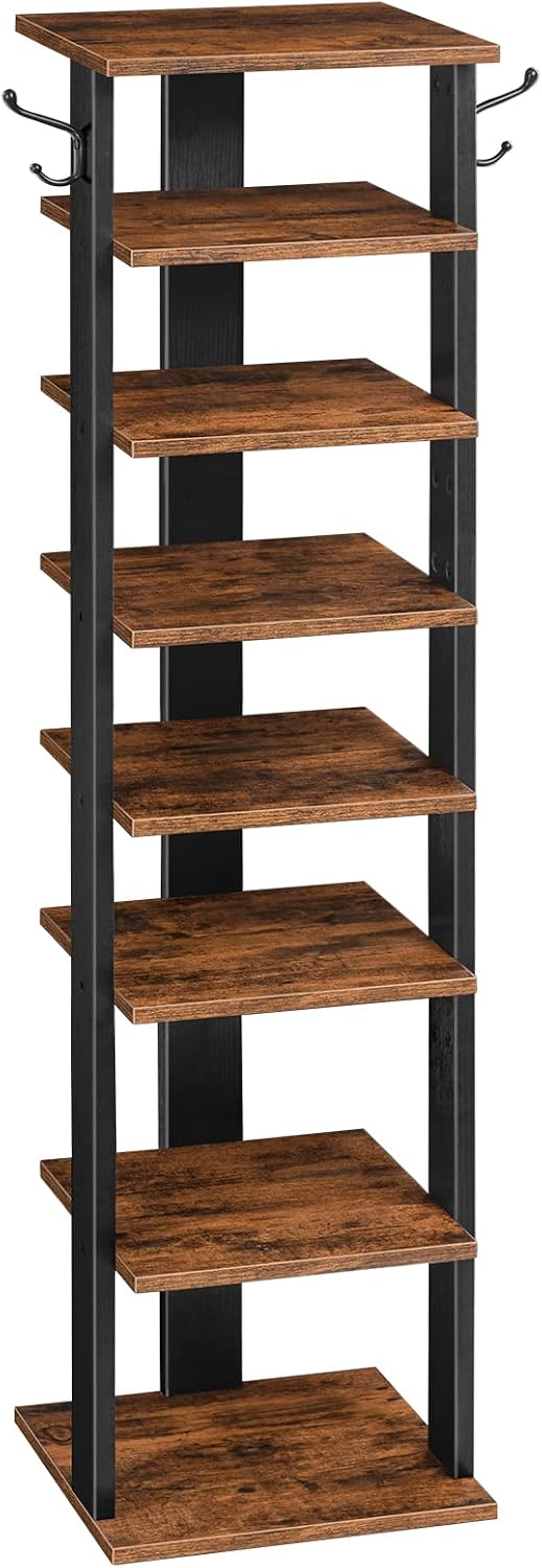 HOOBRO 8 Tiers Vertical Shoe Rack, Wooden Shoe Storage Organizer with Hooks, ...