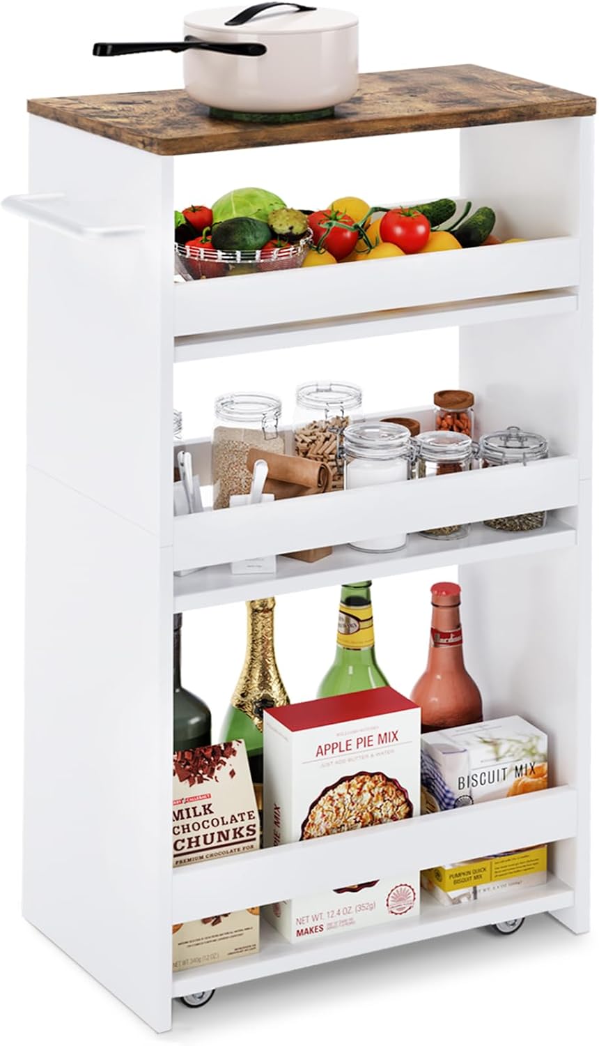 TEAMIX Slim Rolling Storage Cart, Wood 4-Tier Narrow Kitchen/Laundry Cart