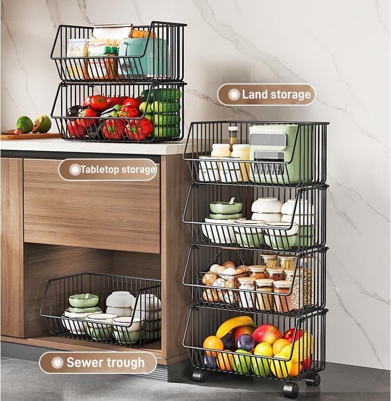 4 Tier Stackable Metal Wire Storage Baskets with Wheels, Fruit Vegetable Stor...