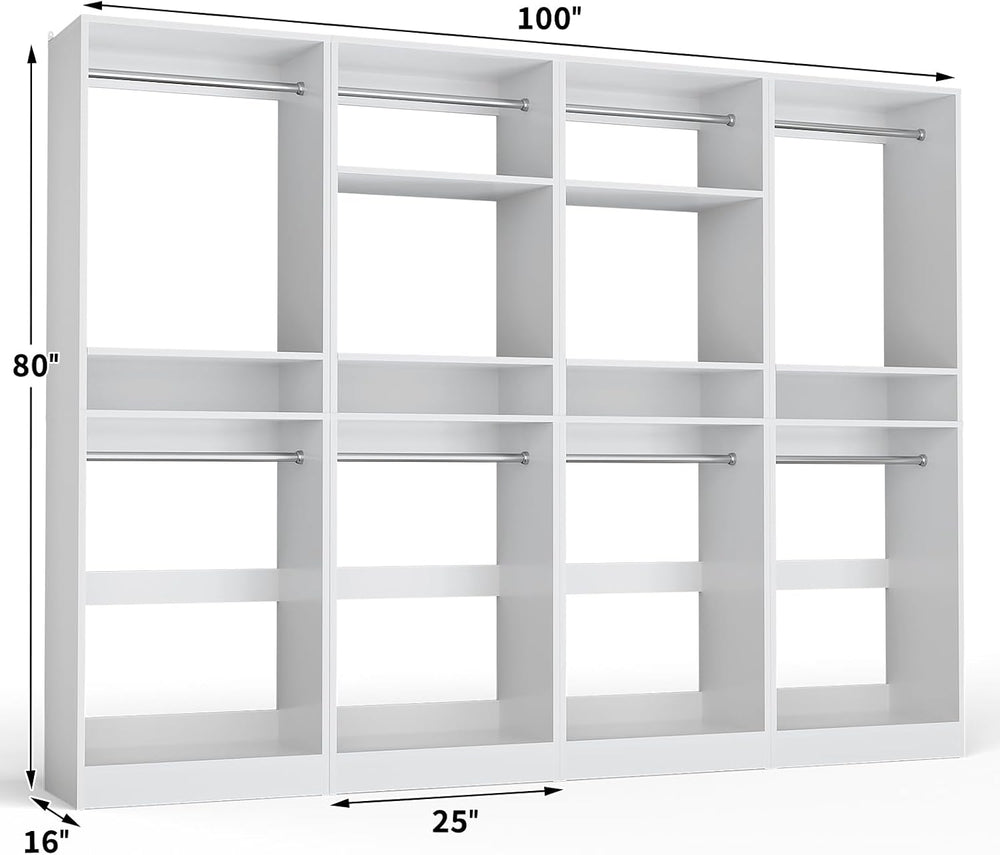 Unikito 100” Closet System, 8.3FT Wood Closet Storage Organizer with 8 Hangin...