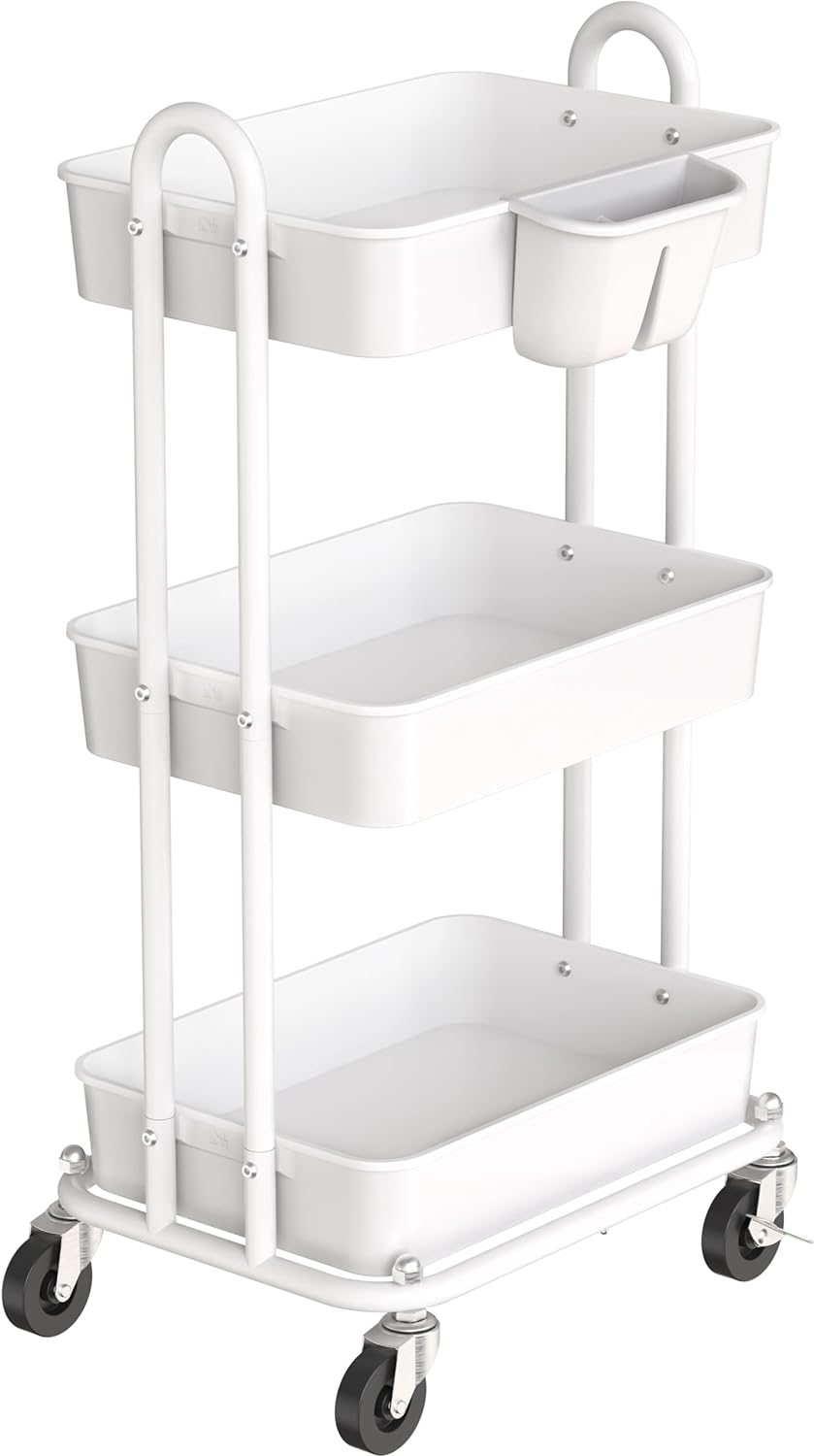 Simple Houseware 3-Tier Rolling Utility Cart with Hanging Bucket, White
