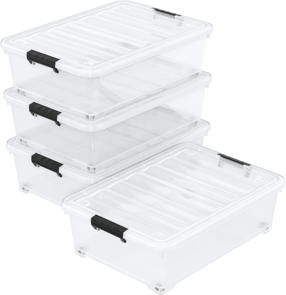 25 Quart Clear Plastic Underbed Storage Bins with Wheels, 4 Packs