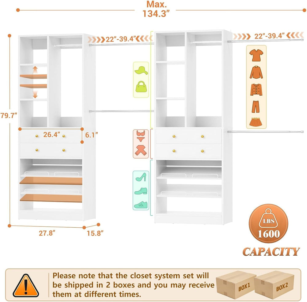 Besiost Closet System, Up to 134"/11.2 FT Closet Organizer with 4 Wooden...