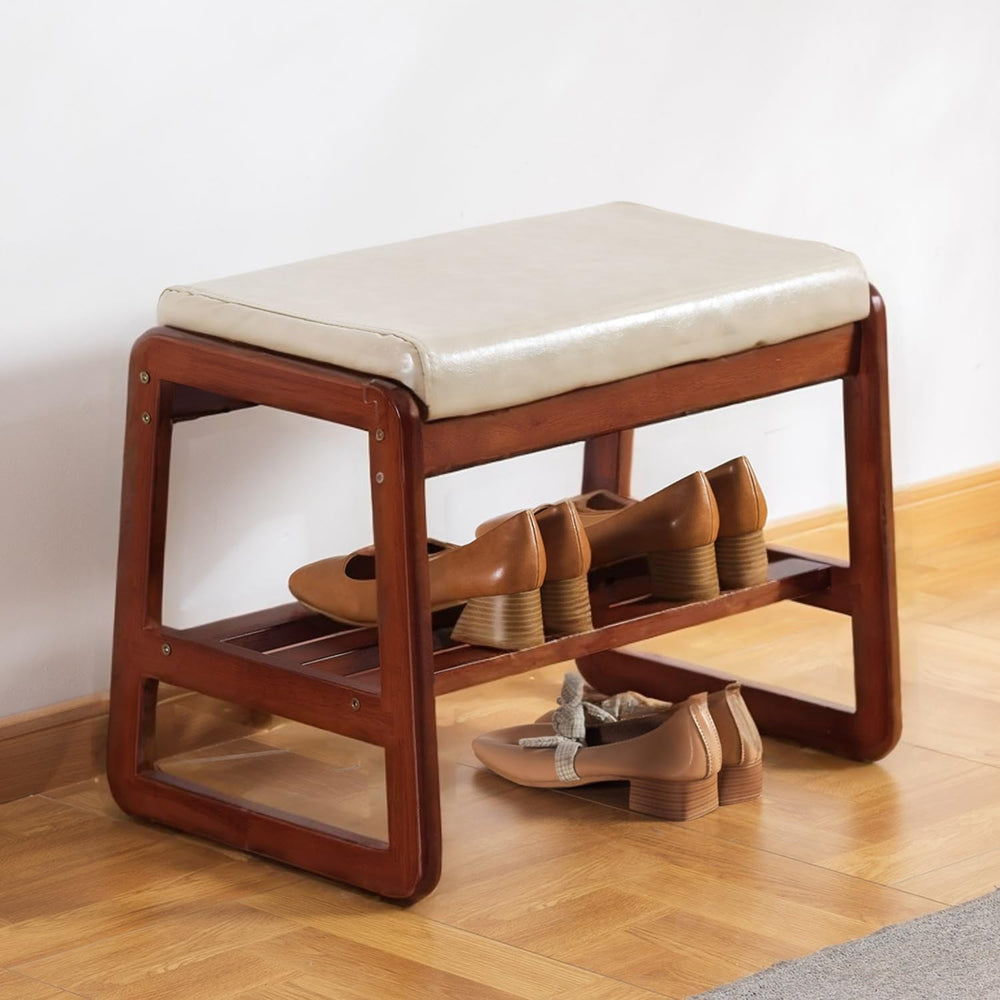 latifolia Solid Wood Bench, Entryway Shoe Bench with Cushion, 2 Tier Shoe Sto...