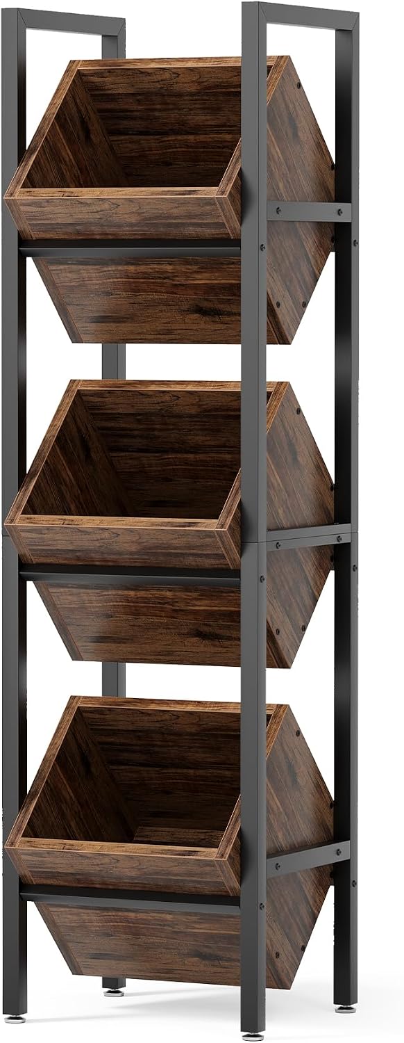 LITTLE TREE 3-Tier Basket Stand, Wooden Floor Stand Shelving Unit, Standing O...