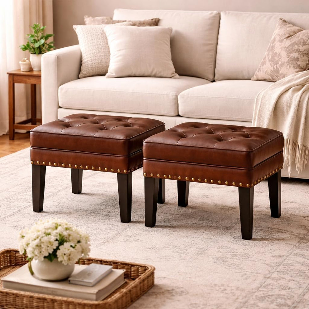 Glitzhome Set of 2 Faux Leather Foot Stool, Mid Century Modern Foot Stools Ot...
