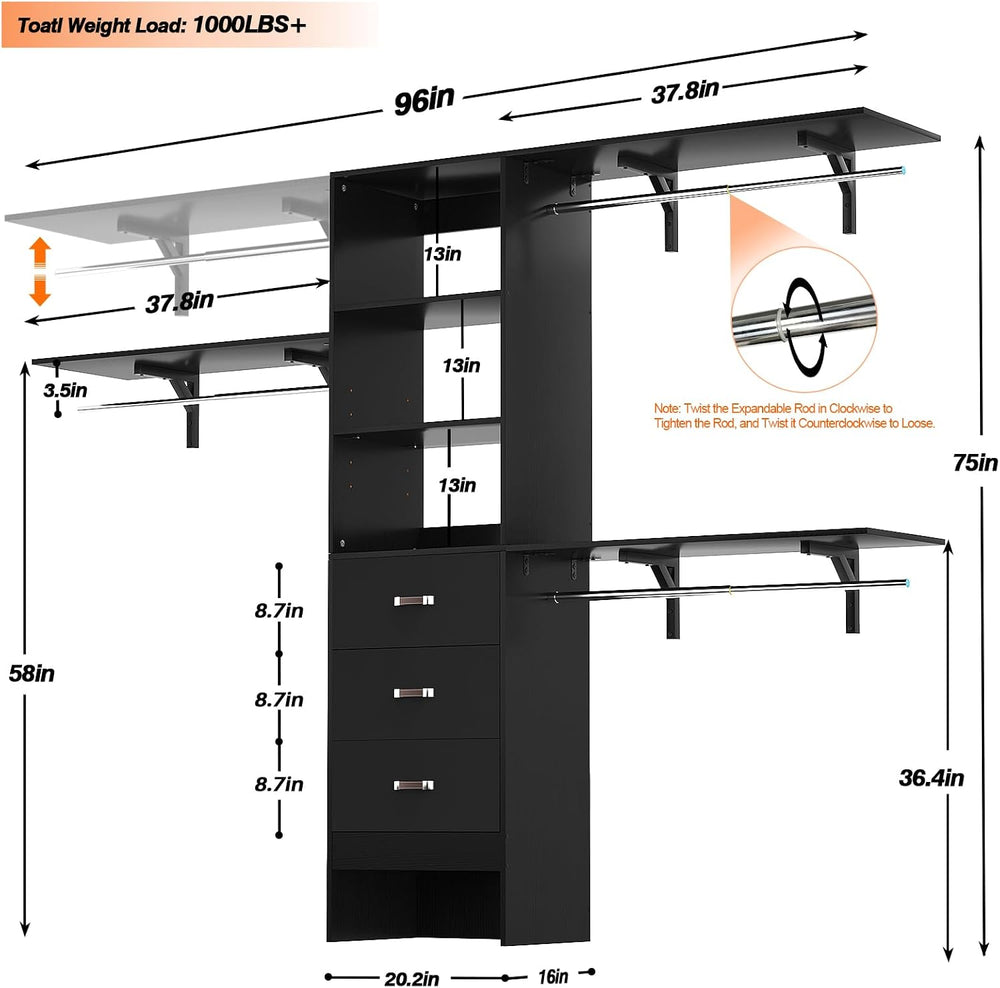 Armocity 96" Wood Closet System with 3 Enclosed Drawers & 3 Solid Sh...