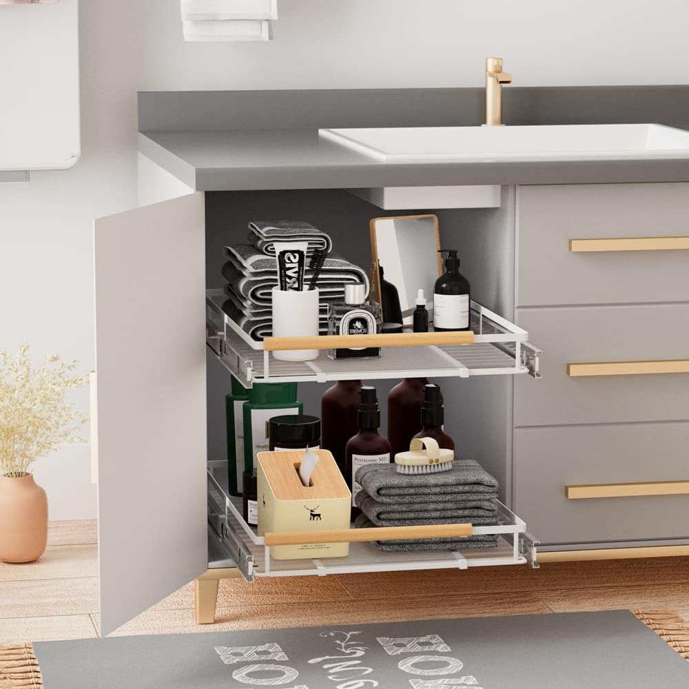 Expandable Sliding Basket Drawer, Pull-Out Cabinet Organizer, Heavy Duty Slid...
