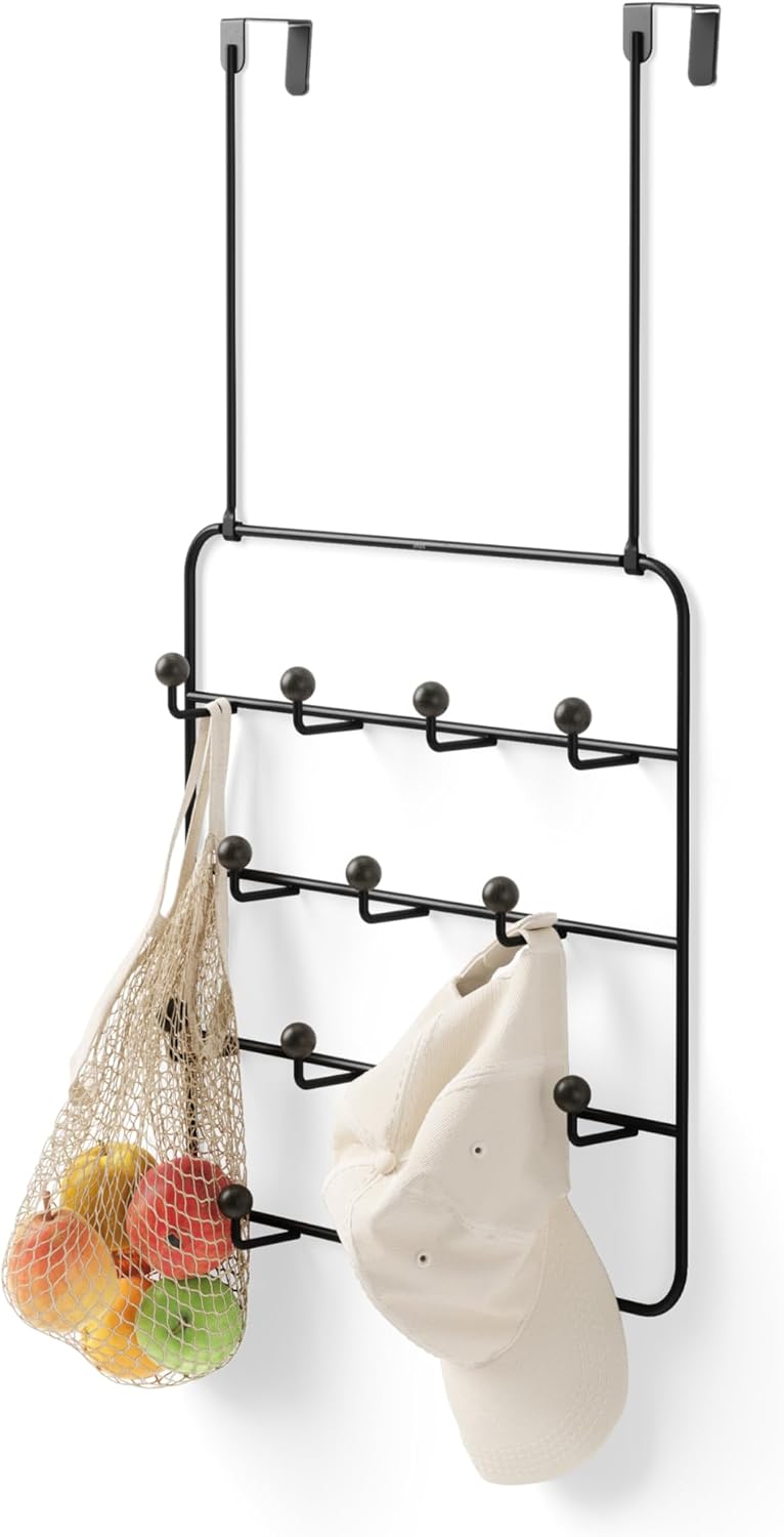 Umbra Estique Coat Rack, Over the Door Wall Hooks, 14 Hook, Black/Walnut