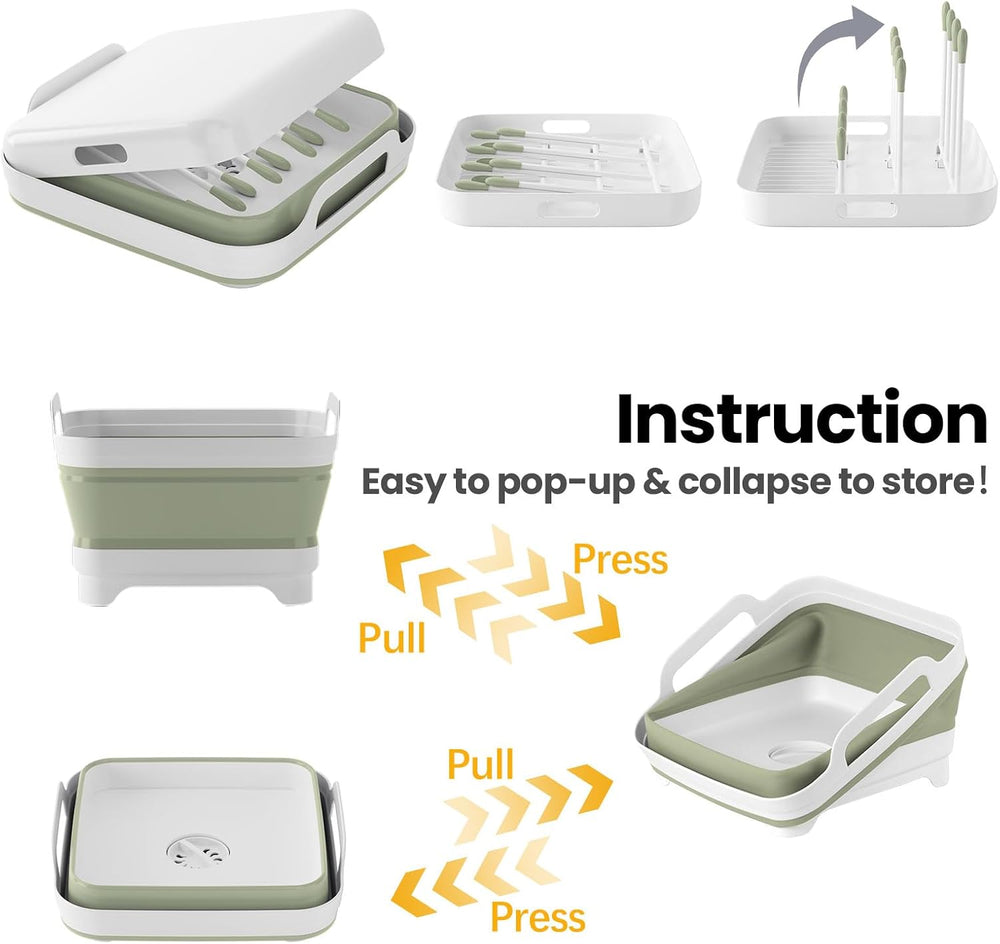Collapsible Wash Basin with Drain Plug & Lid, Foldable Sink, Green