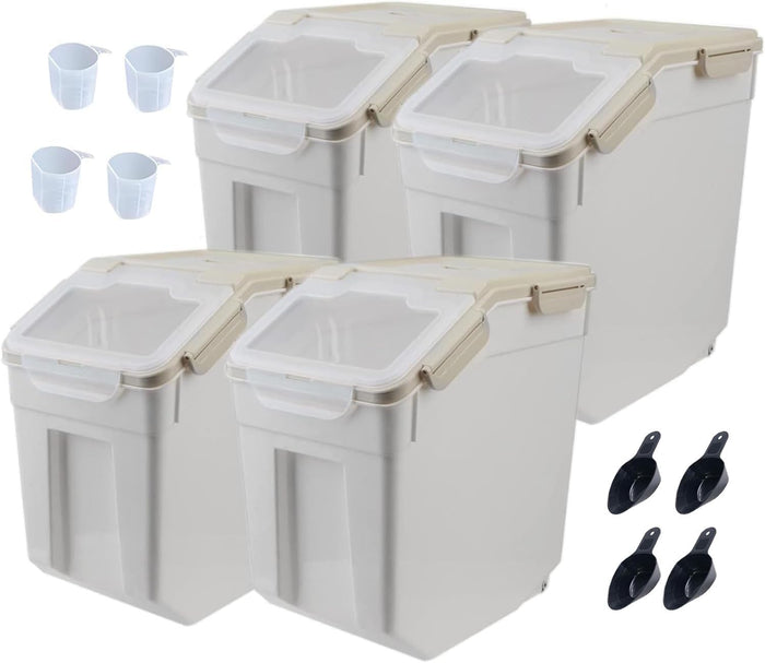 25LB Large Flour Storage Container Bin,4 Pack Airtight Plastic with Wheels Seal Locking Lid Dispenser Organizer Storage Bin with Measuring Cup & Scoop for Flour, Rice, Grain 100LBS Total，Grey