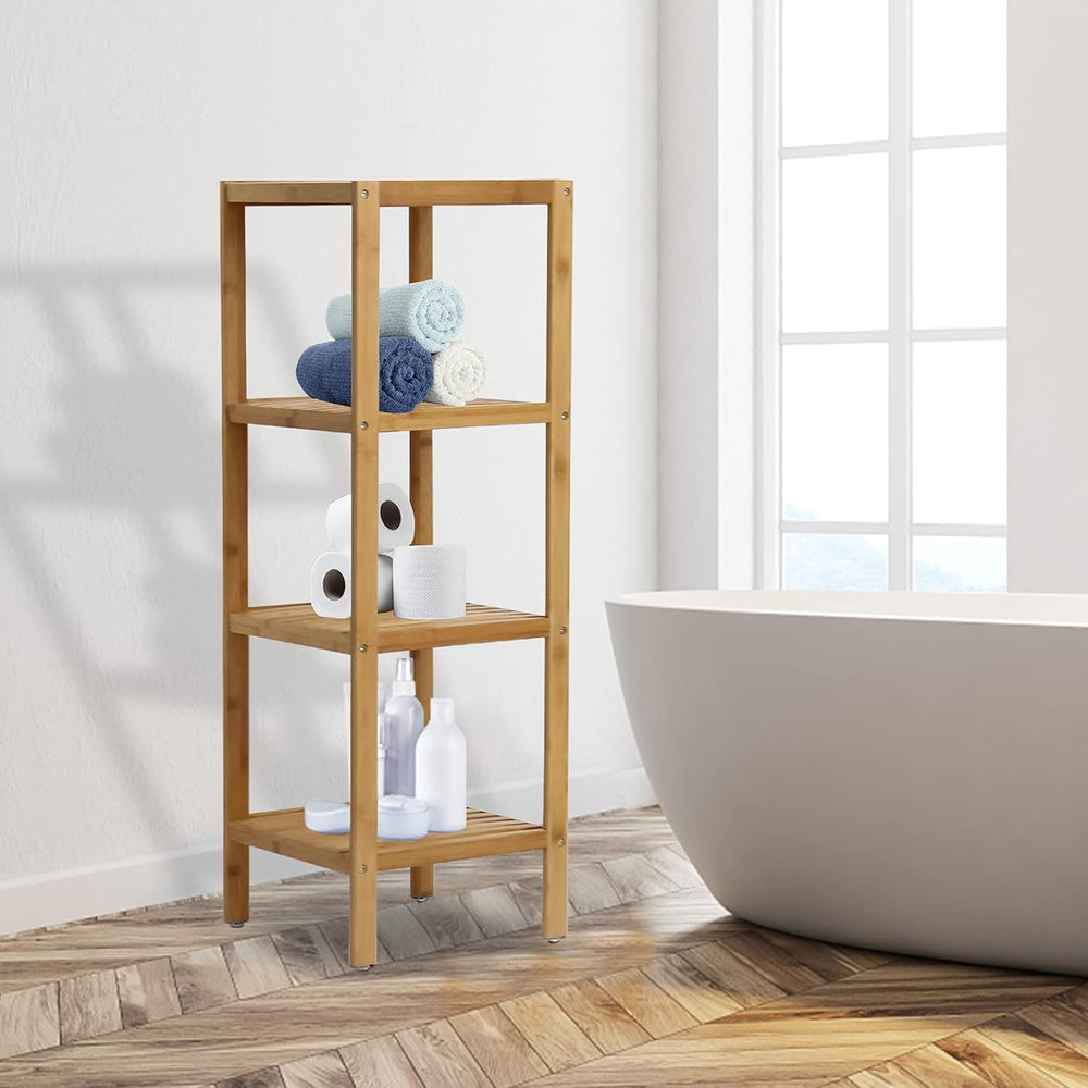Bamboo Bathroom Shelf Square 4-Tier Storage Shelves Free Standing Rack Multif...