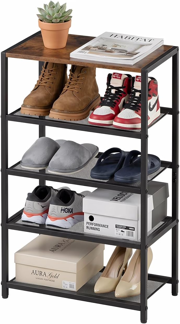 5 Tier Narrow Shoe Rack with Wood Top, Metal Shoe Organizer