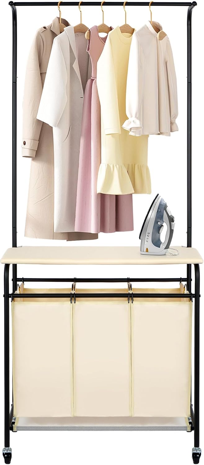 MYOYAY 3 Section Laundry Sorter with Garment Hanging Bar Rack Foldable Ironin...