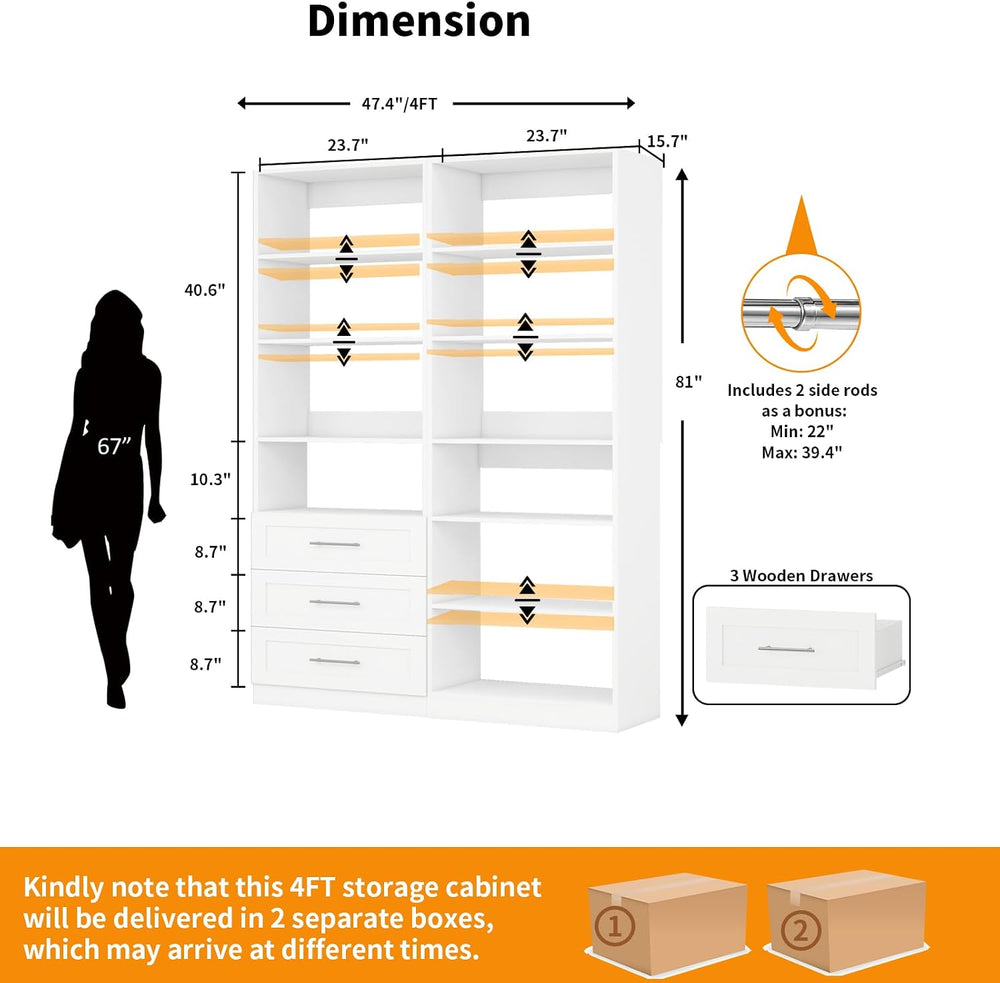 Closet System with Drawers, 4FT-10FT Closet Shelving System Modular Walk in C...