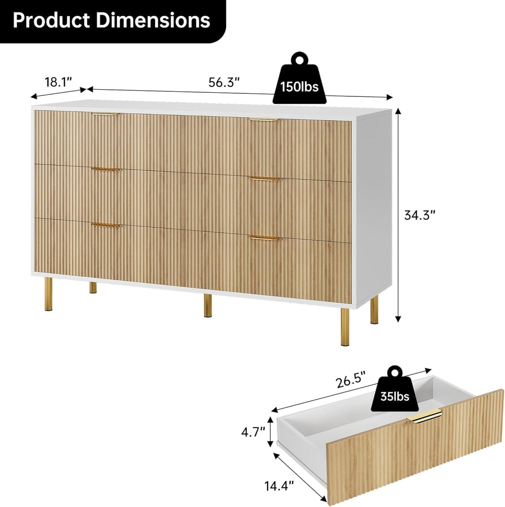 IDEALHOUSE Modern Natural 6 Drawer Dresser for Bedroom with Gold Handles