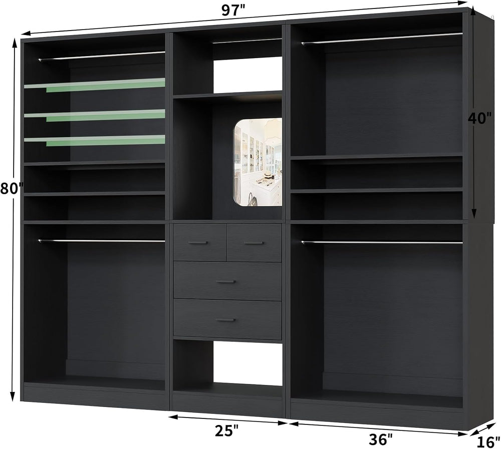 Unikito 97” Closet System with Mirror & 4 Drawers, 8.1FT Heavy Duty Wood ...