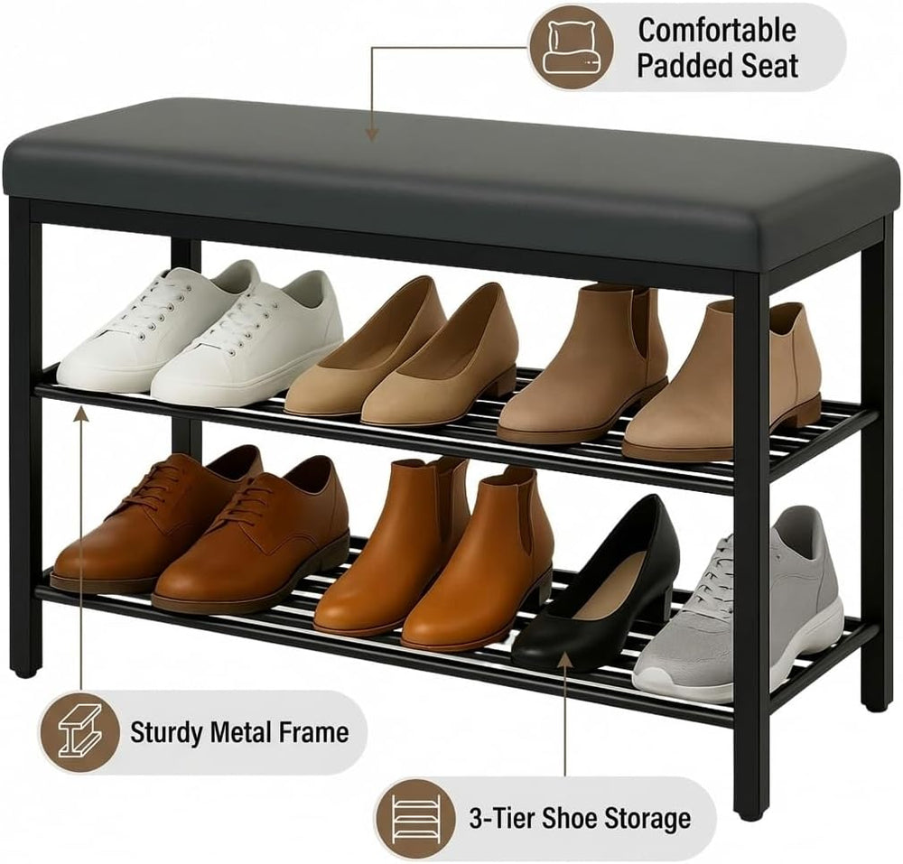 USTECH Shoe Storage Bench with 3 Tier Standing Shelf and Comfortable Seat | P...
